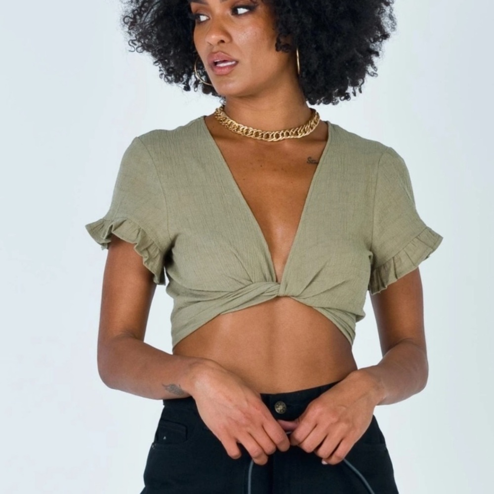 Princess Polly Khaki Twist Front Crop Top